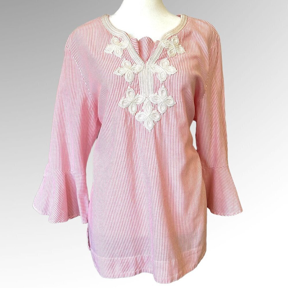 Zac & Rachel Pink & White Bell Sleeve Button Down Blouse – Size Large